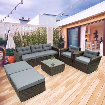 Brown 6-Piece Patio Rattan Wicker Outdoor Furniture Conversation Sofa Set