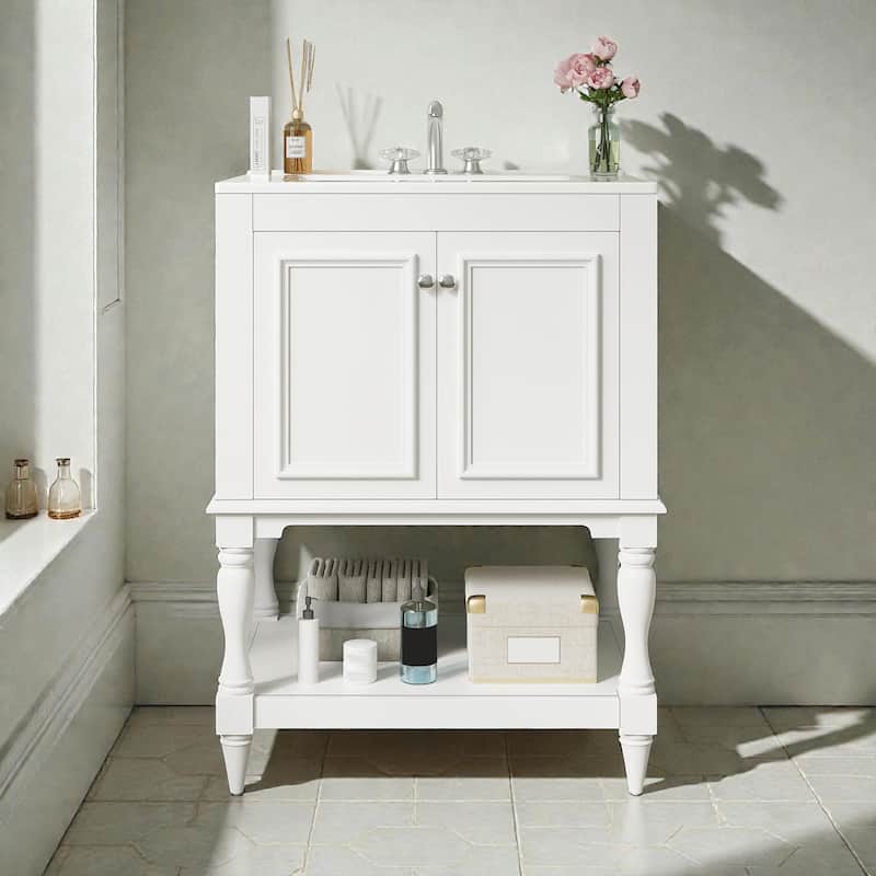 24" Modern Luxury Bathroom Vanity with Ceramic Sink, Freestanding Cabinet with Open Shelf and Enclosed Storage - White