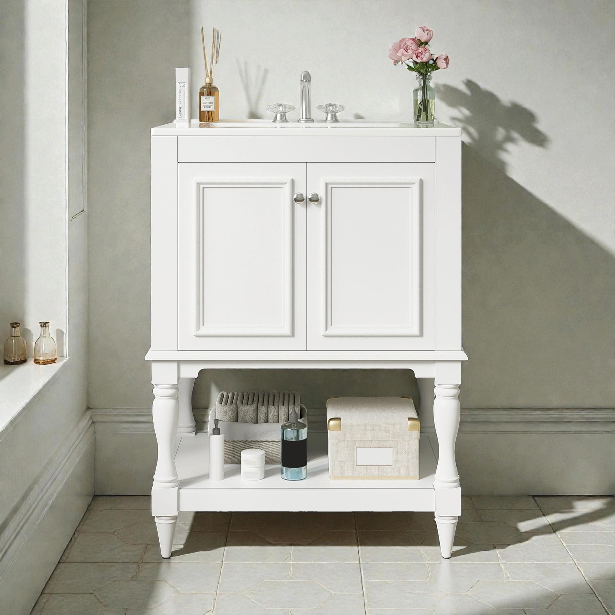24" Modern Luxury Bathroom Vanity with Ceramic Sink, Freestanding Cabinet with Open Shelf and Enclosed Storage