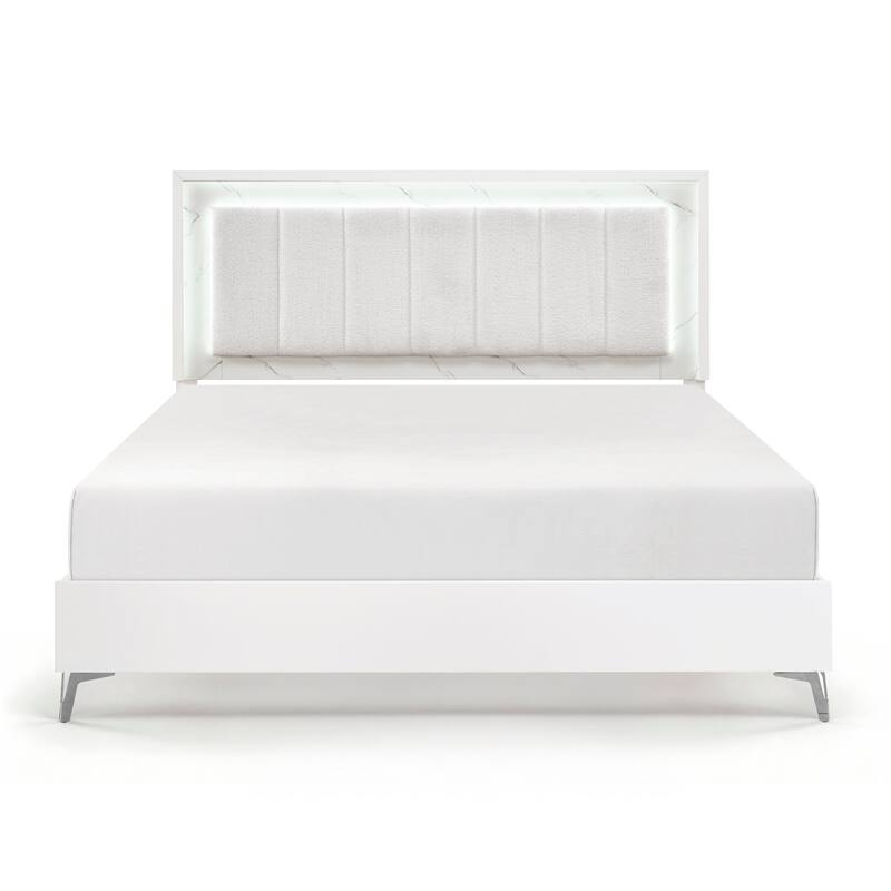 4pc White Bedroom Set LED Bed Dresser Mirror Chest Modern Furniture