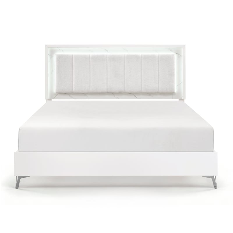 Glam White Bedroom Furniture LED Bed Chest Nightstand 3PC Set