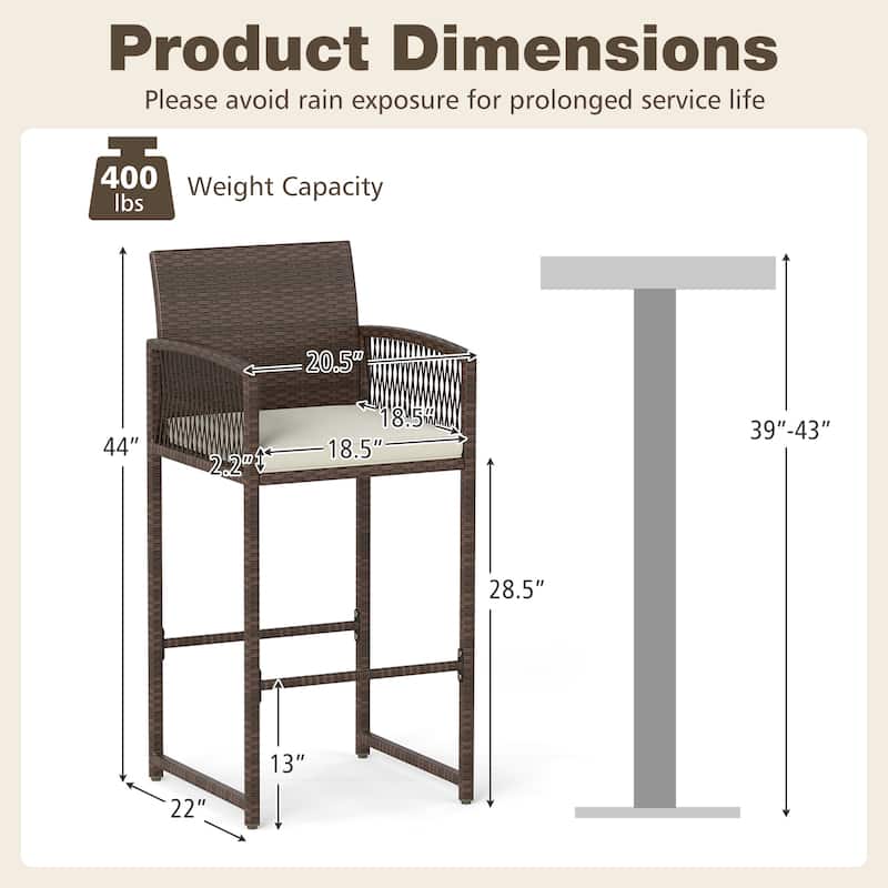 Outdoor Wicker Bar Stools Set of 2 Patio Chairs with Cushions and Footrest - 22" x 20.5" x 44"