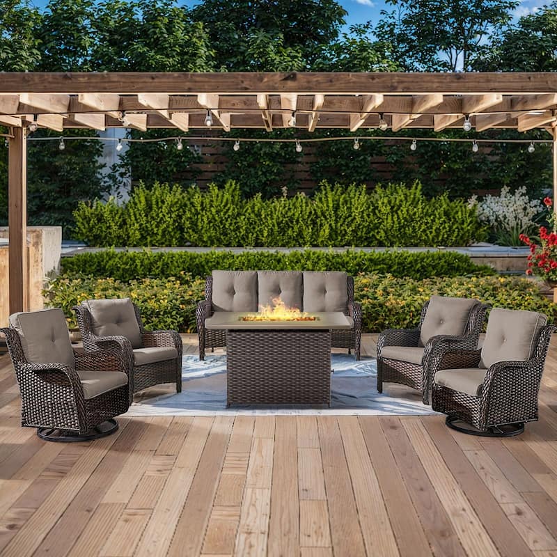 Gymojoy 6-Piece Outdoor Wicker Patio Furniture with Fire Pit, Rattan Coversation Set with Water Resistant Thick Cushions - Brown Wicker / Grey Cusion - 6-Piece
