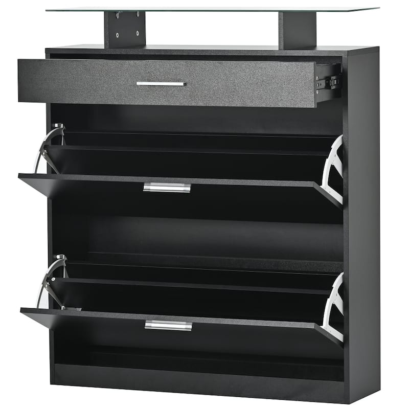 35 in.W Shoe Storage Cabinet with 2 Flip Drawers Tempered Glass Top - 2-Tier