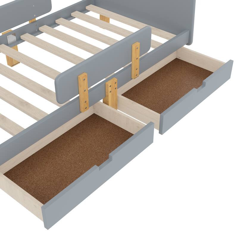 Low Profile Solid Wood Platform Bed Frame with Storage Drawers, Guardrails and Headboard, Footboard with Small Shelf and Hooks