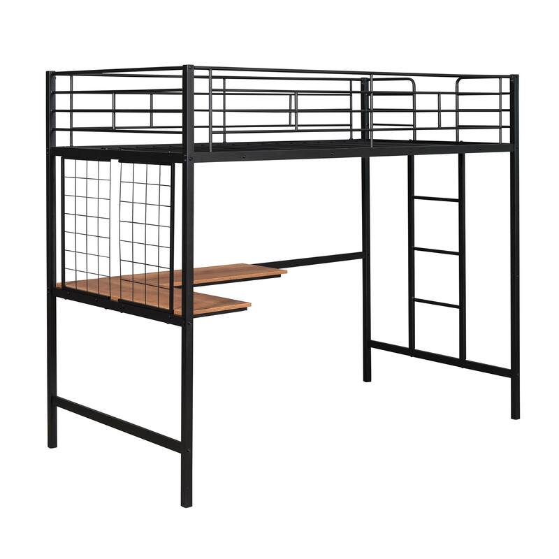 Metal Loft Bed with Desk, Ladder and Metal Grid for Kids, Teens, Girls, Boys