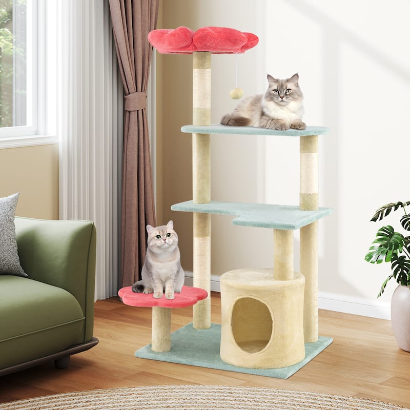 Plush Sisal Multi-Layer Cat Tree with Flower Perch and Condo - 24" L x 19" W x 49" H