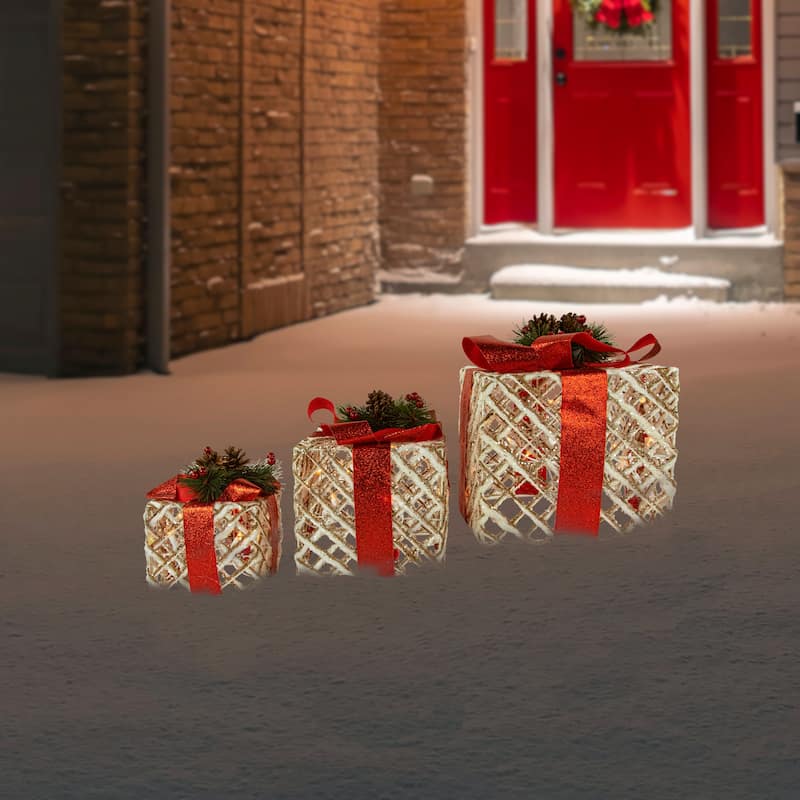 Set of 3 Lighted White Rope Gift Box Christmas Decorations 9.75"