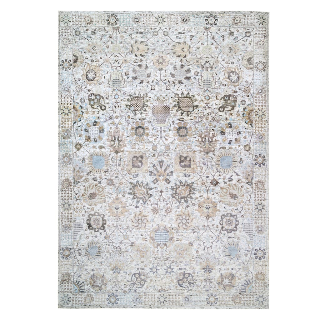 Shahbanu Rugs Hand Knotted Ivory Tabriz Vase With Pomegranate Design Silk With Textured Wool Oriental Rug (10'1" x 14'2")