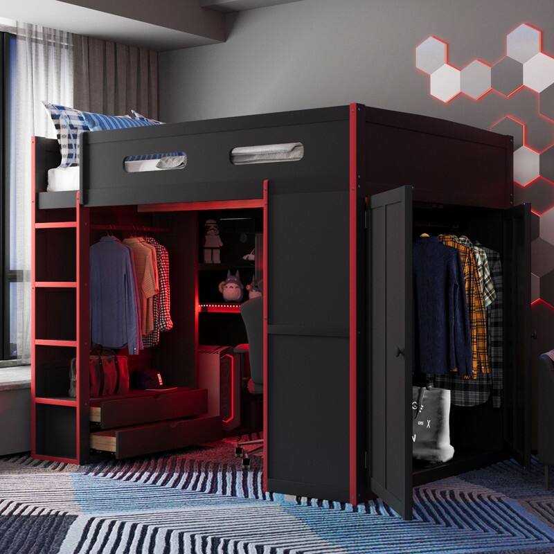 Full Size Versatile Loft Bed w/ Built-in Desk w/ Charging Station, Wood Storage Gaming Bed Frame w/ Wardrobe and Drawer - Red