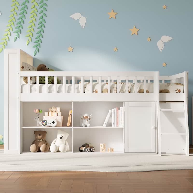 Kids Storage Low Loft Bed with LED Headboard Light, Dual Side Storage Shelves and Space Saving Under-Bed Storage - White - Queen