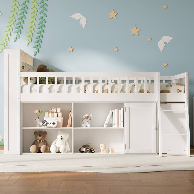 Storage Loft Bed with LED Headboard, Queen or Full Size High Sleeper Frame with Shelves