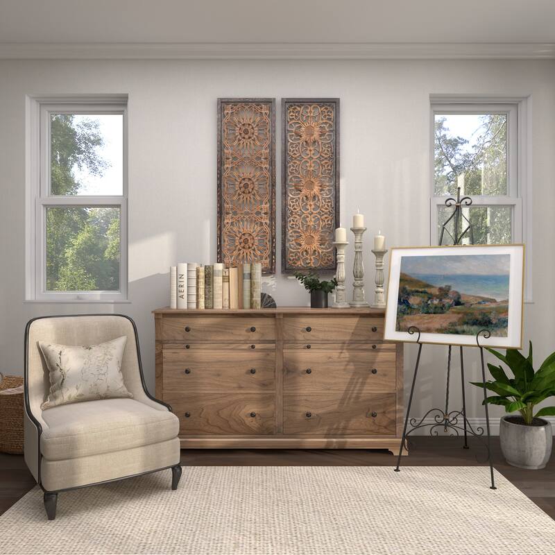 Black Metal Tall Adjustable Scroll Display Easel with Gold Accents