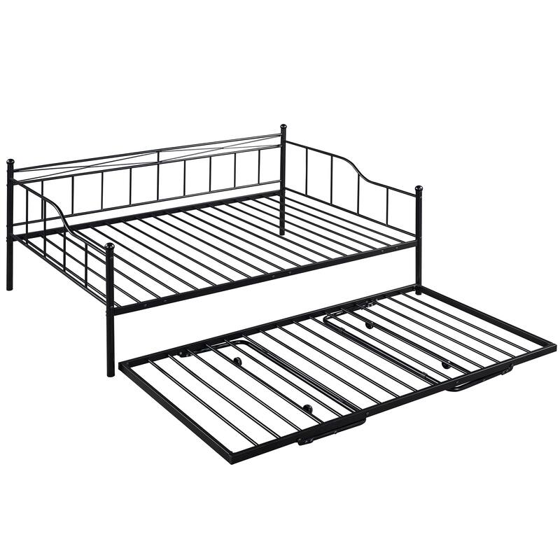 Full Size Metal Daybed with Adjustable Trundle, HeavyDuty Steel