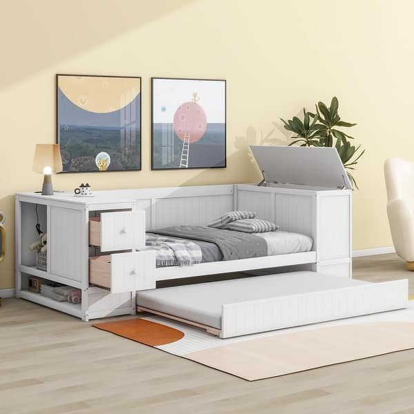 slide 2 of 7, White Twin Size Daybed with Storage Arms, Trundle and Charging Station Double Bed with Shelf for LIvingroom Bedroom White
