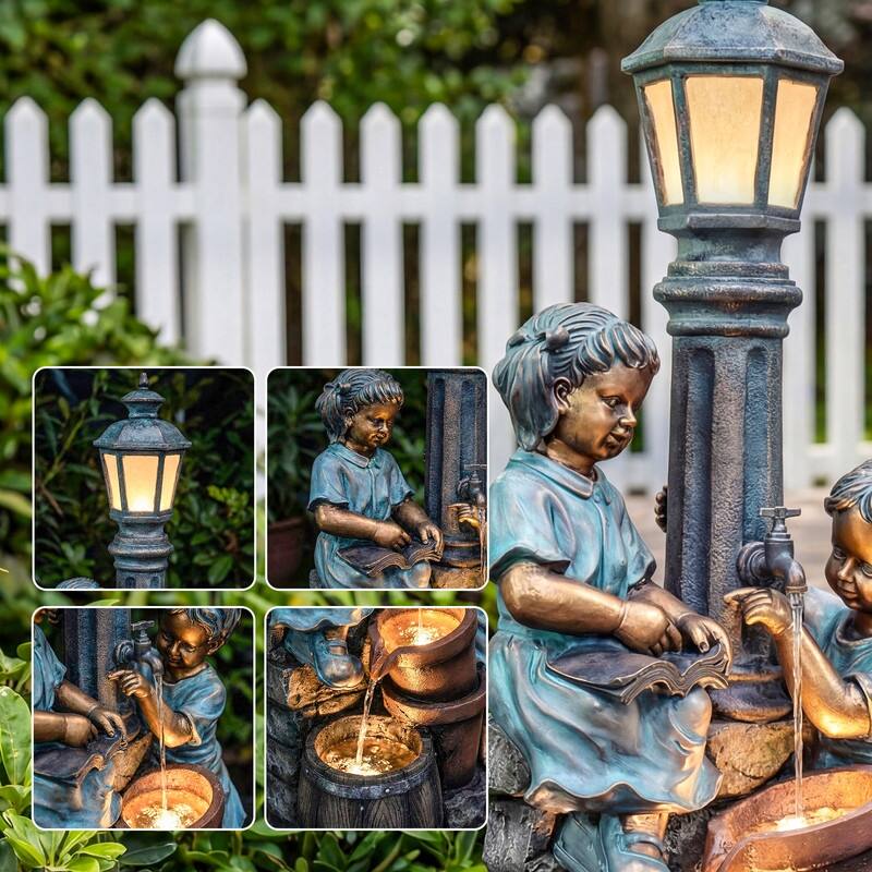 Vbal 3-Tier Outdoor Fountain with Kid and Owl Figures with LED Lights Weather Resistant for Outdoor Decor