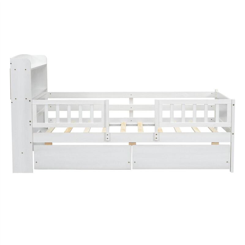 Wood Twin Size Platform Bed with Built-in LED Light and Storage Headboard, Modern Bedframe with Guardrail and 2 Drawers