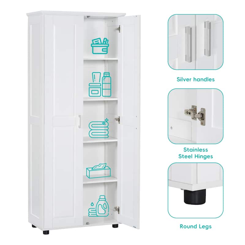 Tall Storage Cabinet with Adjustable Shelves and 2 Doors, White MDF Freestanding Unit for Bathroom or Office