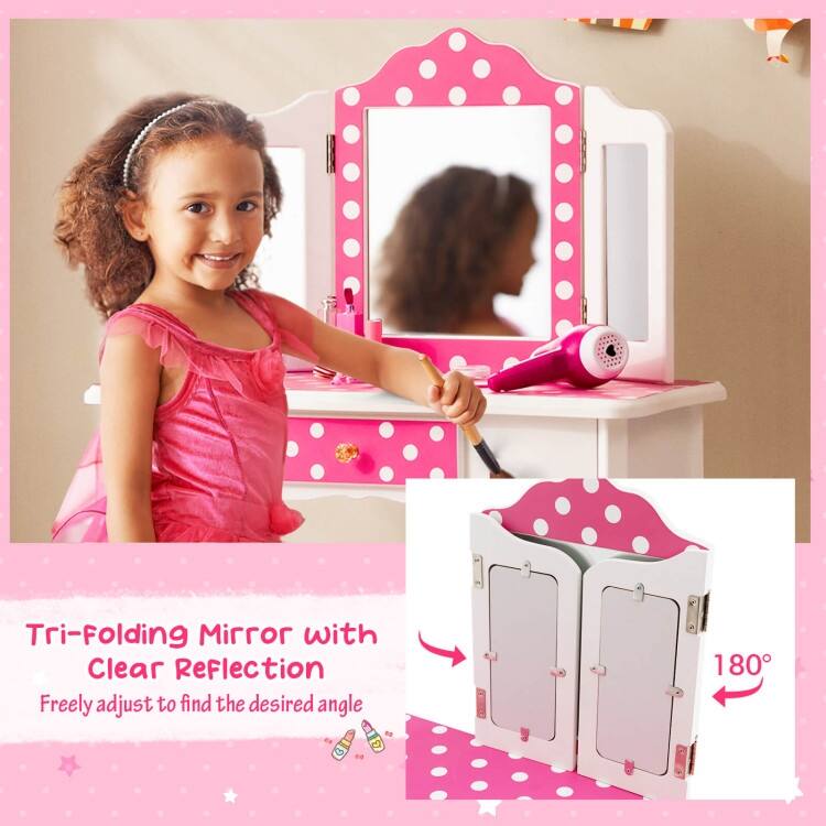 Kids Vanity Table and Stool Set with Cute Polka Dot Print-Pink - N/A