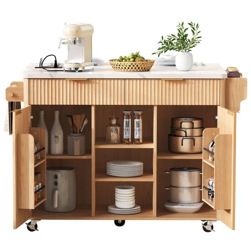 Kitchen Island with Drop Leaf & Power Outlet, Fluted Island Table on Lockable Wheels, Kitchen Cart with Adjustable Shelves
