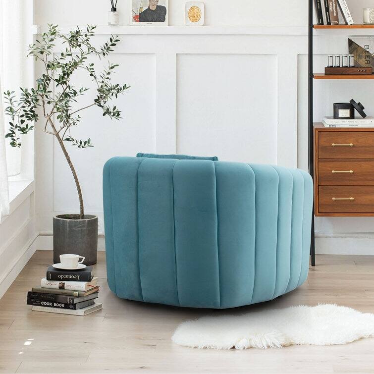 Ebello Oversize Velvet Swivel 360° Rotation Barrel Comfy Round Armchair With Pillow For Living Room Bedroom