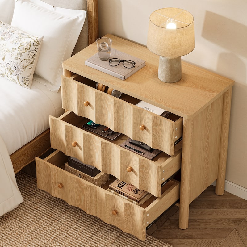 Wood Nightstand with 3 Drawers, Modern Large Night Stand
