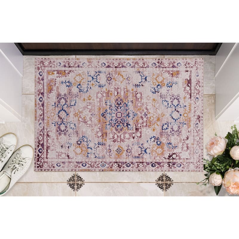 Micah Machine Washable Gold and Blue distressed Rug
