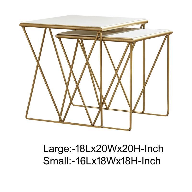 2 Piece Marble Top Nesting Table with Geometric Base, White and Gold