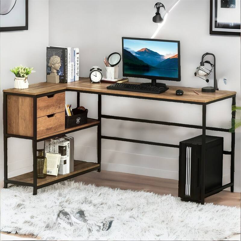 L-Shaped Home Office Computer Desk with Storage Shelves