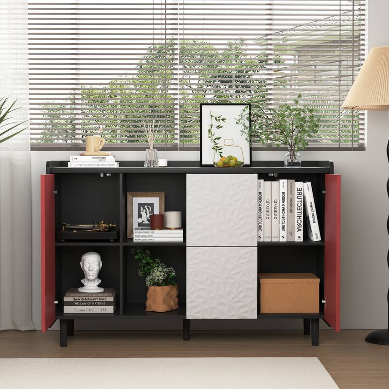 Sideboard Buffet Cabinet,Storage Cabinet with Red Doors,2 Drawers with unique panel styling and 2 Open Storage Compartment