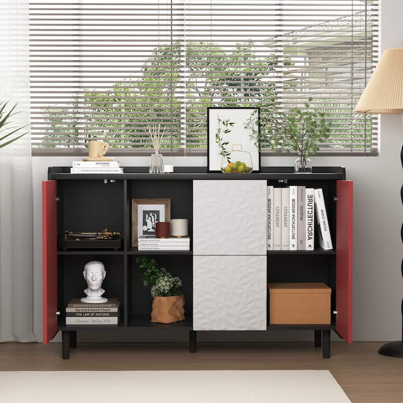 Sideboard Cabinet with Doors & 2 Drawers, Freestanding Coffee Bar Cabinet, Accent Cabinet with 2 Open Storage Compartment