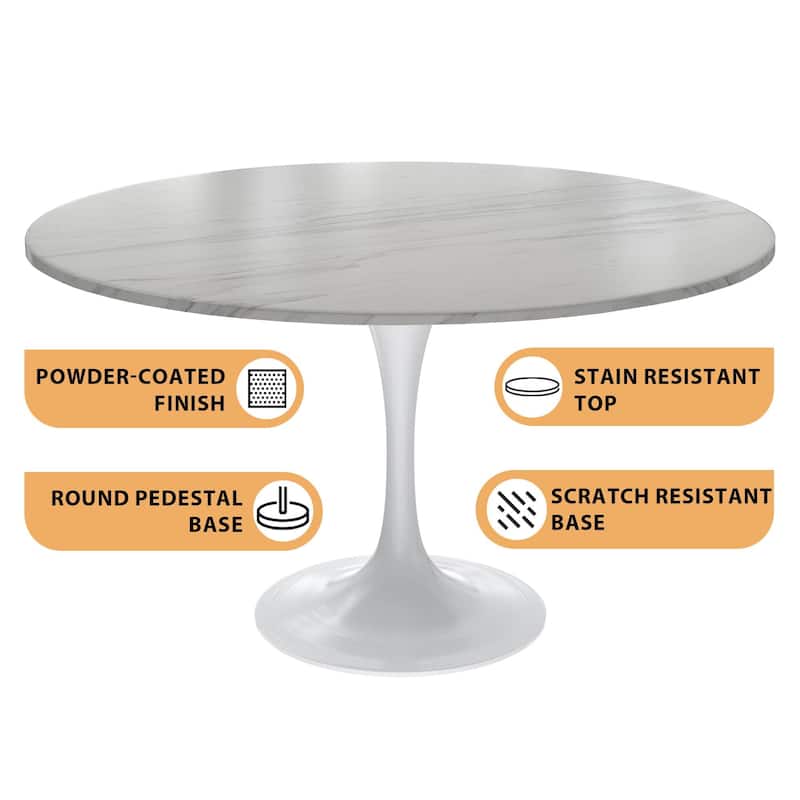 LeisureMod Verve 48" Round Dining Table with Stone TableTop and White Steel Base for Kitchen & Dining Room