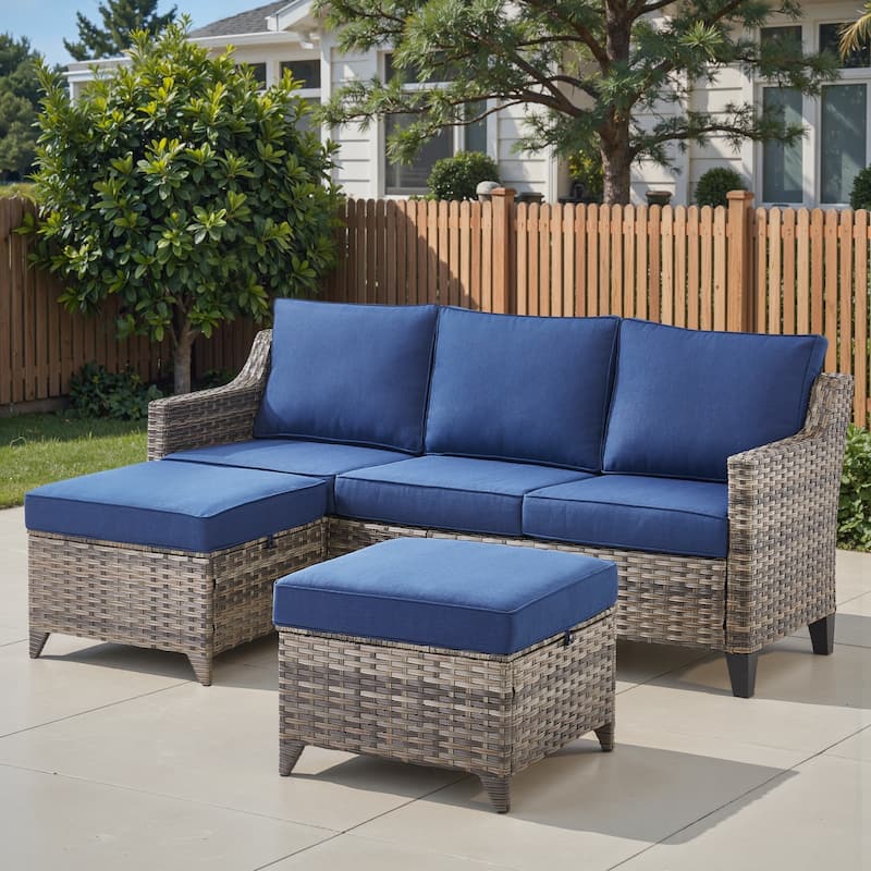 Pocassy Outdoor Patio Furniture Wicker Sofa Swivel Chair Set - Grey Wicker Blue Cushion - 3 Pieces Sofa with Ottoman