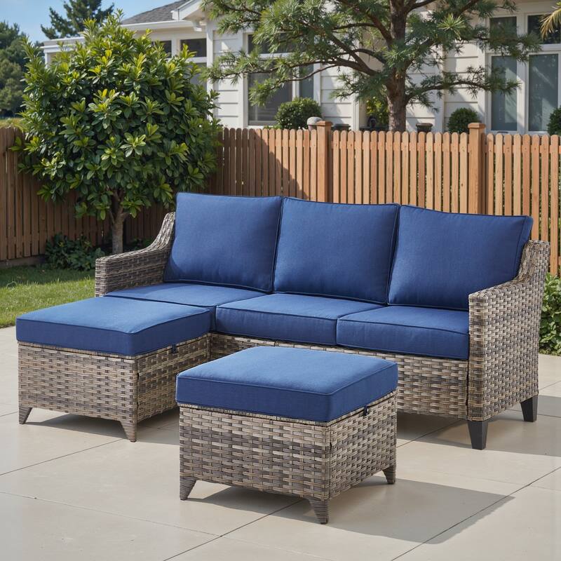 Pocassy Patio Sofa Glider Swivel Chair Ottoman Table Furniture Set. - Blue Cushion Gray Wicker - 3-Piece Sofa w/ Ottoman Set