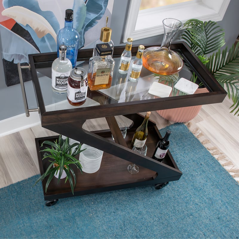 Jodie Z-Shaped Wooden Rolling Bar Cart