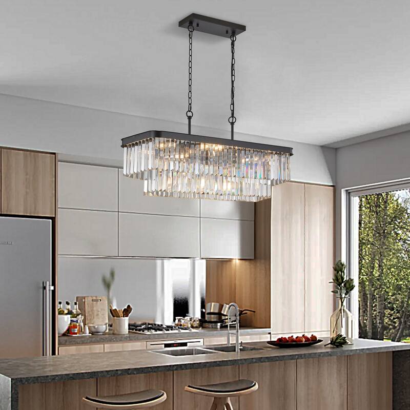 Chandeliers,Rectangular Crystal Chandelier Adjustable,E12 Crystal Lights,Iron Ceiling Hanging Light(Bulb Not Included) - Black