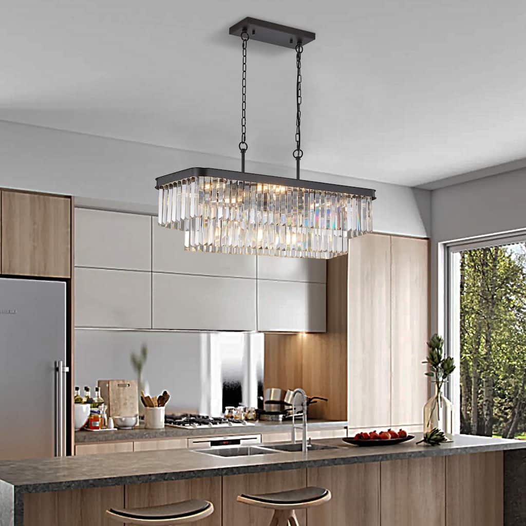 Chandeliers,Rectangular Crystal Chandelier Adjustable,E12 Crystal Lights,Iron Ceiling Hanging Light(Bulb Not Included)
