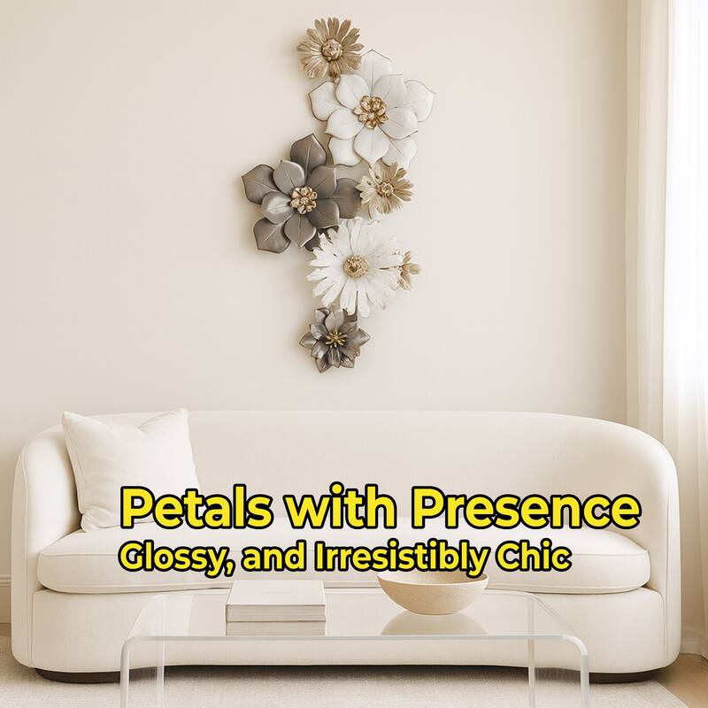 Floral Metal Wall Art Vertical White Gold 3D Flower Accent 36"x19"