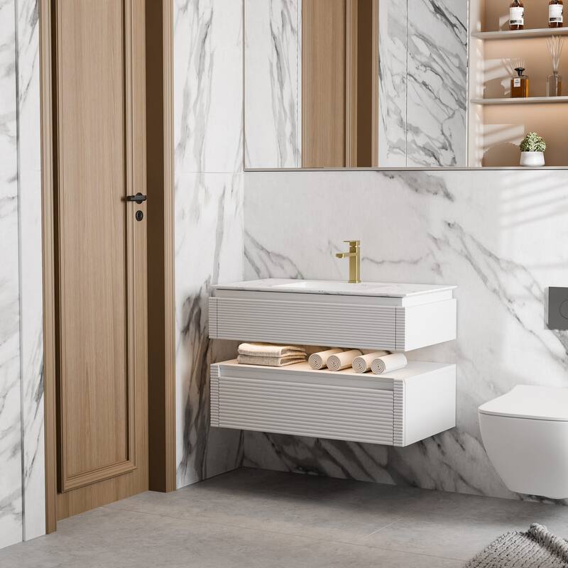 Modland 36" Modern Wall-Mounted Bathroom Vanity with Engineered Stone Countertop & Ceramic Undermount Sink