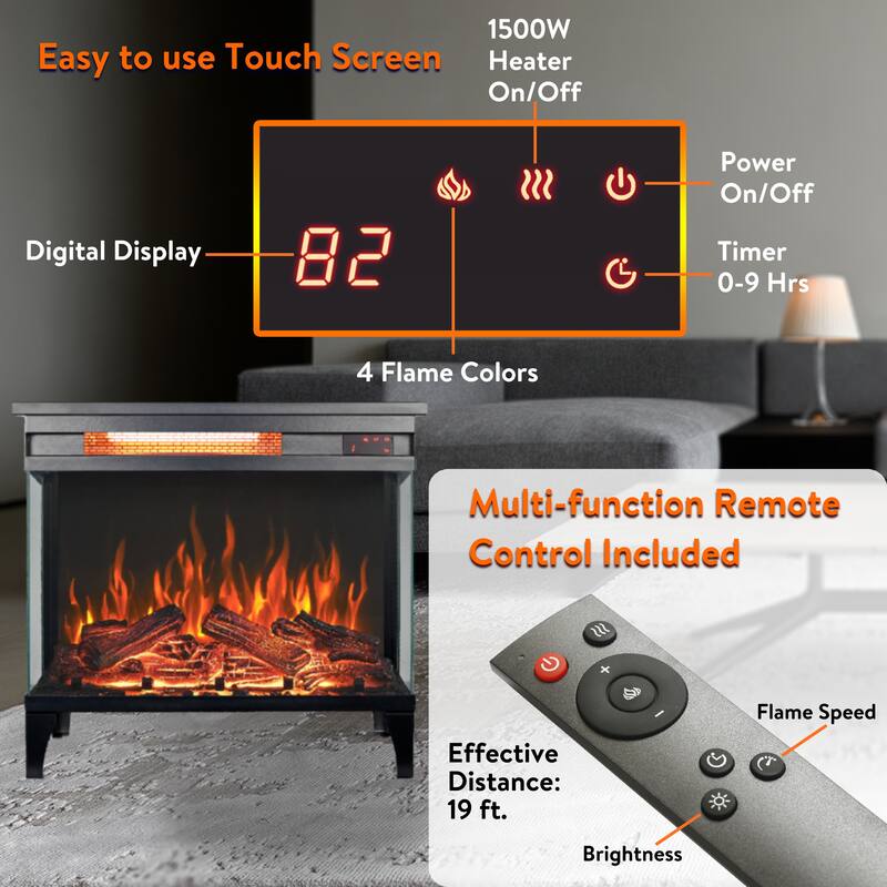 24-Inch Freestanding Three-Sided Electric Fireplace with Panoramic Flame View, Remote, and 11 Temperature Settings