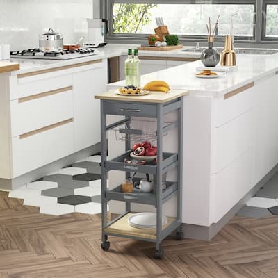 Mobile Kitchen Island, Solid Pine Wood Frame Bar Cart, Trolley Serving Cart with Drawer & Slide-Out Wire Storage Basket, Grey