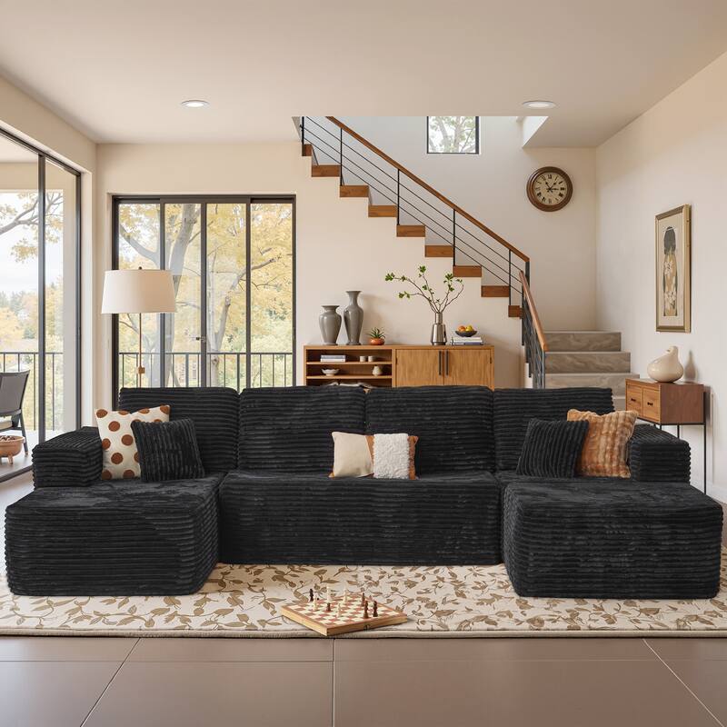 XIZZI Modern Plush Sectional Chaise Sofa Modular Couch with Ottoman - Black