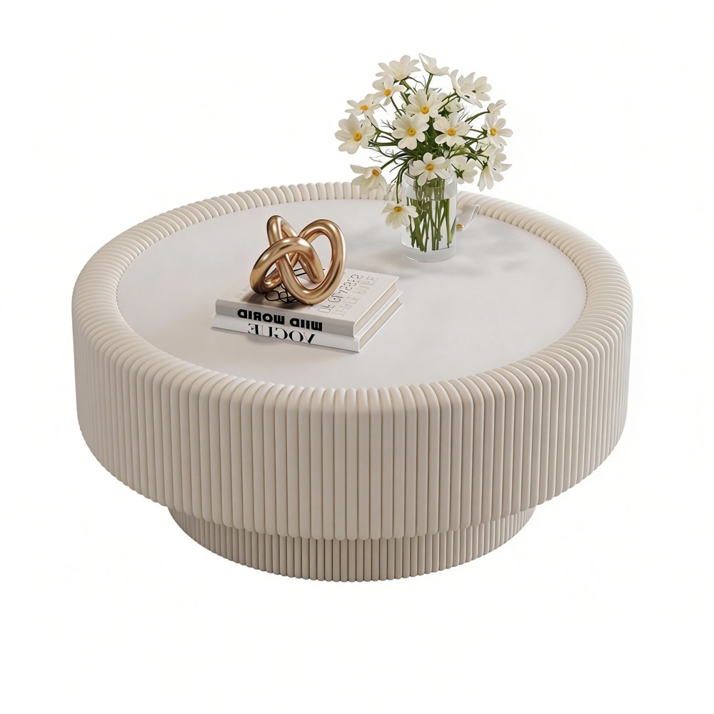 Fluted Round Storage Coffee Table with Tempered Glass Top