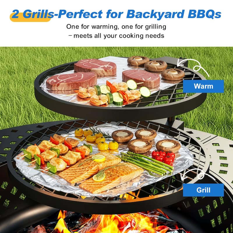 3-in-1 Outdoor Fire Pit Table - BBQs, Bonfire & 43" Metal Table - N/A