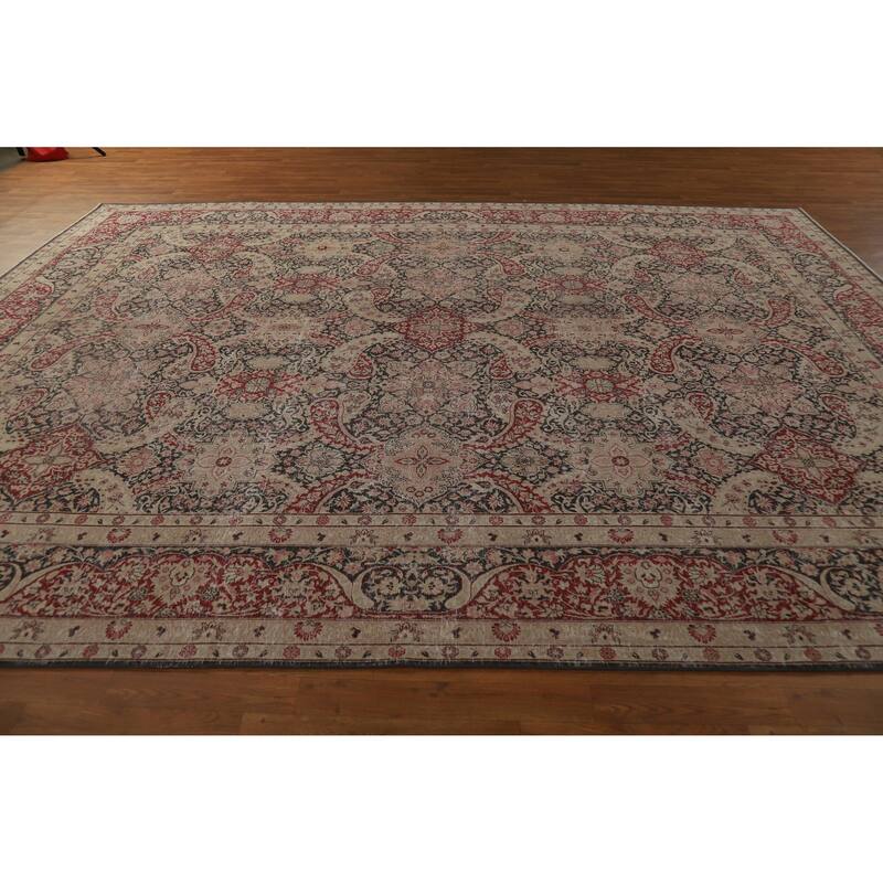 Hand Knotted Oriental 100% Wool Carpet Traditional All-Over Black Kerman Area Rug - 13' 0'' X 9' 8''