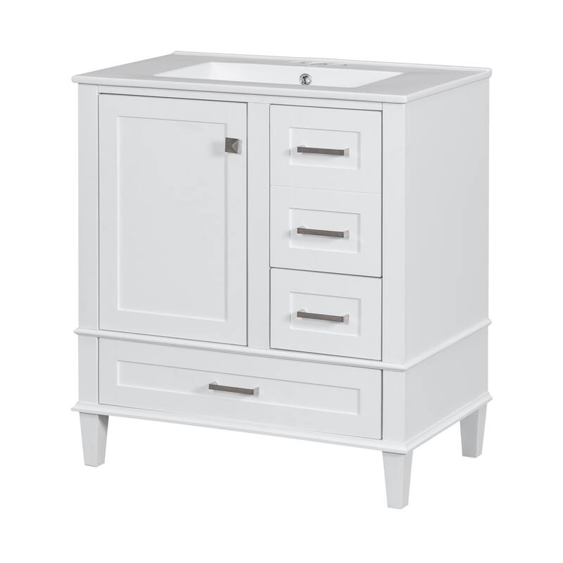 Anmytek 30 Inch White Modern Bathroom Vanity Sink Combo Solid Wood Frame Soft Close Door 3 Drawers Storage Cabinet