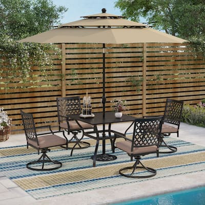 MAISON ARTS 6-Piece Metal Patio Dining Set: 4 Swivel Chairs, 1 Steel Frame Square 37" Table and 1x10ft 3-Tier Red Umbrella