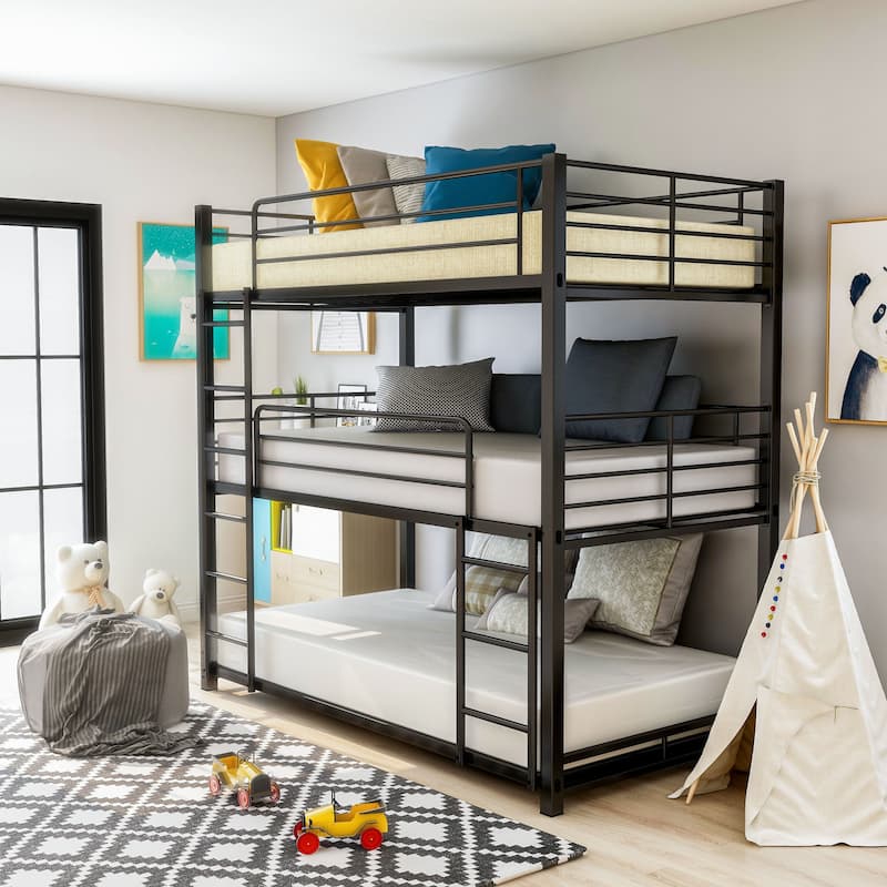 Cody Contemporary Black Metal Triple Decker Bunk Bed with 2 Ladder by Furniture of America