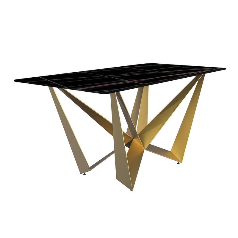 Nuvor Rectangular Sintered Stone or Glass Tabletop Dining Table with Powder-Coated Gold Steel Base for Kitchens & Dining Rooms - 62 Inch - Black/Gold