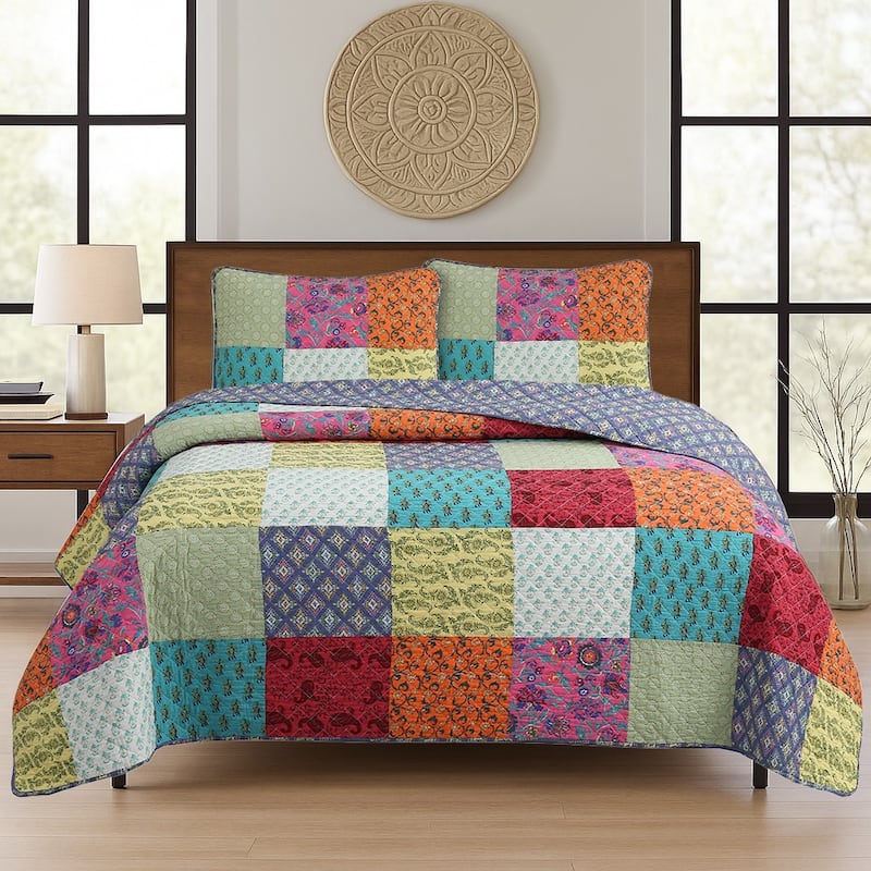 Cozy Line Bright Bold Multi Color Boho Floral Patchwork 3 Piece Cotton Quilt Bedding Set